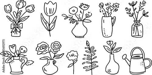 Hand drawn floral sticker sheet with bouquet tulip rose vases ribbon and watering can for planner sticker design and craft background