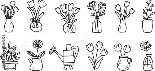 Hand drawn bouquet sticker sheet with tulip arrangements watering can pots and simple vase sketches for craft planner backgrounds