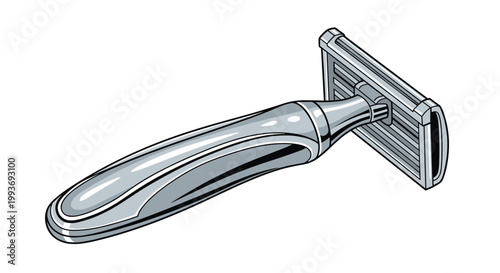 Realistic grey and black disposable safety razor shown from a perspective view for male grooming and personal care themes on a white surface.