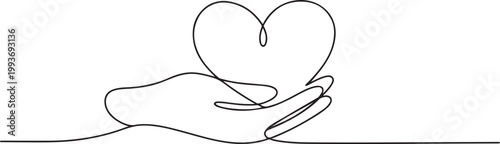 Heart in hand, continious line drawing. Love, charity, help, support outline. Vector illustration. one line Icon drawing