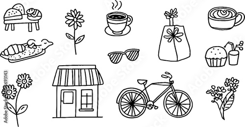Cafe hopping city bicycle and pastry sticker sheet with cups, pastries, sunglasses and bag icons for planner stickers, labels, scrapbooking and handmade craft design