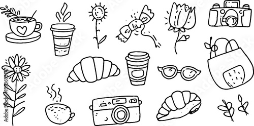 Cafe hopping latte croissant tote doodle sticker sheet with croissants cups cameras and botanical sketches for planner craft and packaging use