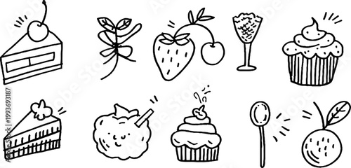 Cake cupcake cherry strawberry sticker sheet traced doodle outlines in black line art for planner stickers and scrapbooking design