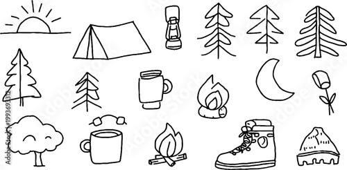 Hand-drawn camping sticker sheet with tent pine trees lantern mug and campfire icons for outdoor sticker design