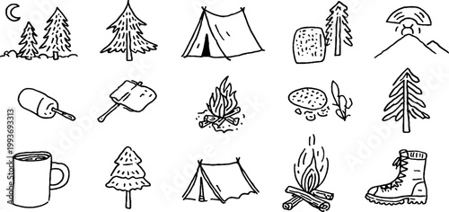 Hand-drawn camping sticker sheet with tents trees campfire mug and roasted marshmallow icons for outdoor sticker design