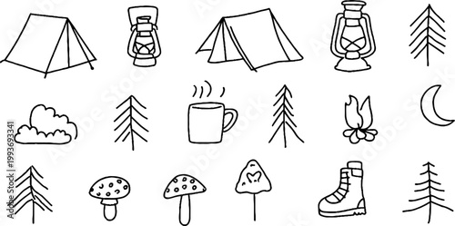 Minimal hand drawn camping sticker sheet featuring tents, lanterns, mugs, mushrooms, pine trees and moon symbols for scrapbooking and label design