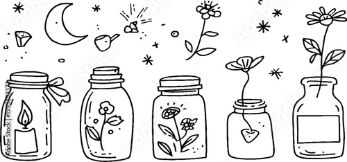 Hand drawn candle jar sticker sheet with mason jar candles flowers moon and tiny stars for craft stickers and planner decoration
