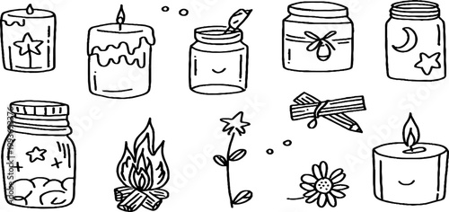 Hand drawn candle jar matchstick and campfire sticker sheet with flames flowers and moon accents for stickers scrapbooking and craft design