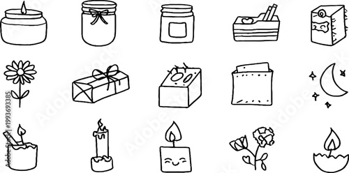 Hand drawn candle jar sticker sheet with wrapped gifts flowers matches moon and simple candle icons for craft sticker design and planners