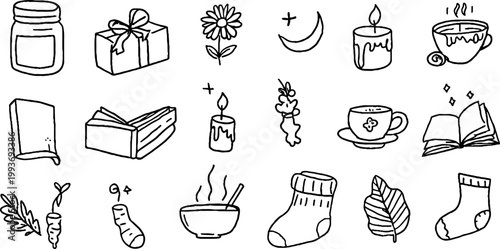 Hand drawn sticker sheet of cozy mug candle book and sock icons for planner and scrapbook craft design and comforting layouts