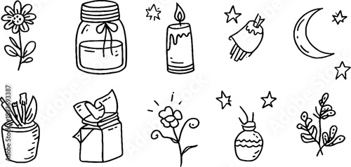 Hand drawn candle jar sticker sheet with stars moon flowers and wax elements for planner stickers scrapbooking and craft design