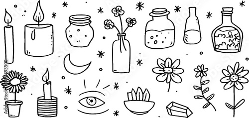 Hand drawn traced sticker sheet of candles jars crystals flowers and moons for planner stickers, craft labels and stationery decoration