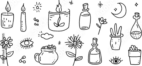 Playful hand drawn sticker sheet with candles jars flowers pots and potion bottles for planner stickers and diy craft decoration