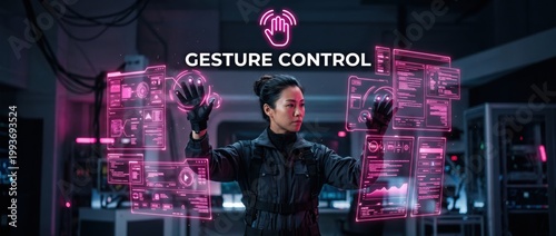 Woman using gesture control with holographic interface in futuristic laboratory
