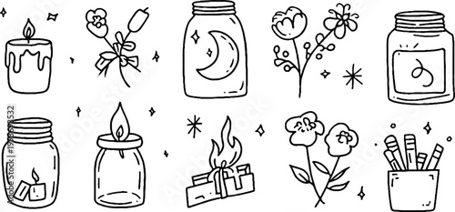 Hand drawn candle jar sticker sheet with moon label flowers burning log and pencil cup for planner sticker design and background