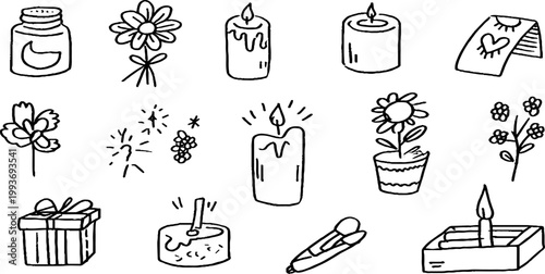 Assorted candle cake matchbox and floral sticker sheet with small gifts and matchsticks for planner sticker design and craft projects