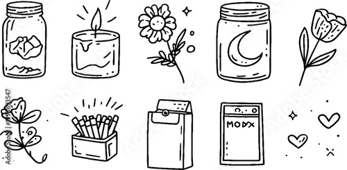 Hand drawn mason jar candle and matchbox sticker sheet with flowers hearts and tiny objects for planner sticker design and stationery