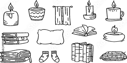 Hand drawn cozy home icons sticker sheet with candles books pillows socks stacks and woven blankets for planner stickers and craft design