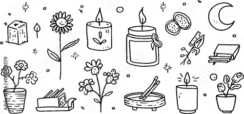 Minimal candle making sticker sheet with jars, blooms, moon and matches for packaging accents, planner stickers and craft labels