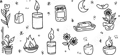 Black and white candle sticker sheet with flames, jars, flowers and moon for studio labels, planner stickers and cozy craft backgrounds