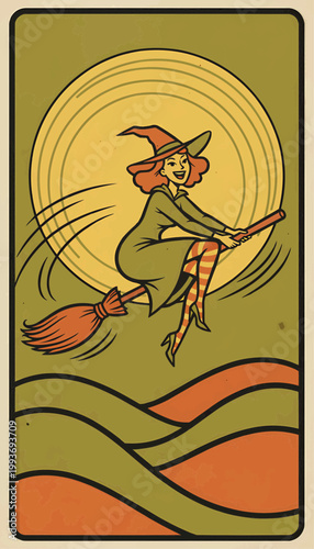Retro Vintage Witch Flying on Broomstick with Full Moon