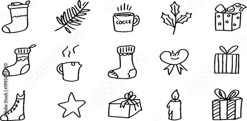 Hand drawn christmas morning stocking and cocoa mug sticker sheet with pine sprigs gifts and candles for holiday sticker design and planner craft