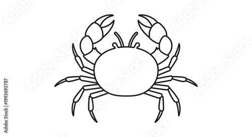 A simple black and white outline drawing of a crab with its claws raised, depicting its distinct shape and features.