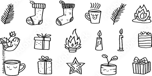 Cute sketch christmas morning stocking cocoa mug and cozy flame sticker sheet with presents stars and pine sprigs for holiday planner and craft use