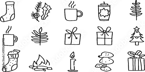 Minimal line christmas morning stocking cocoa mug and gift sticker sheet with pine needles candles and trees for holiday planner stickers and craft decor