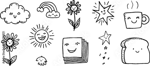 Hand drawn sticker sheet with smiling sun cloud rainbow flower stars mug and toast icons for planner stickers printable craft supplies