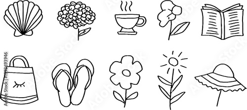 Minimal black outline coastal sticker sheet with shell hydrangea coffee book tote flipflops flower and sun icons for summer planner stickers and journaling