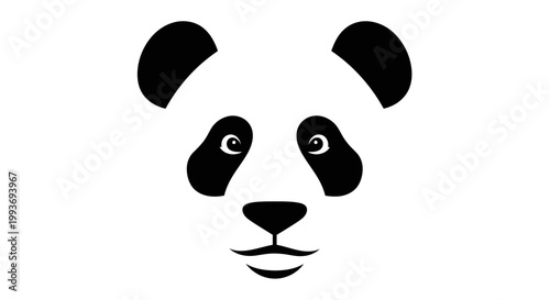 A minimalist black and white illustration of a panda's face, featuring its distinctive eye patches and a gentle expression.