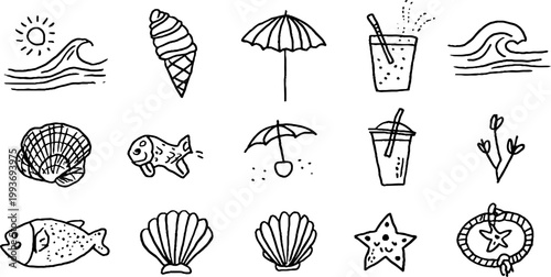 Coastal summer waves and shell sticker sheet with umbrellas fish drinks and star motifs for summer sticker design and scrapbooking