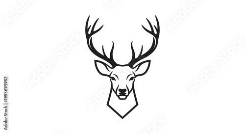 A minimalist black and white line art illustration of a deer head with large antlers, facing forward, on a white background.