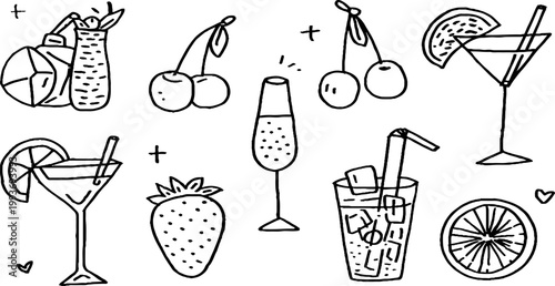 Cocktail fruit sticker sheet hand drawn icons with champagne flute cherry and citrus for party label and background design