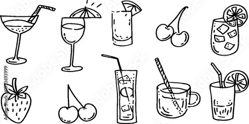 Hand drawn black and white cocktail sticker sheet with champagne flutes cherries and strawberries for planner labels and sticker design
