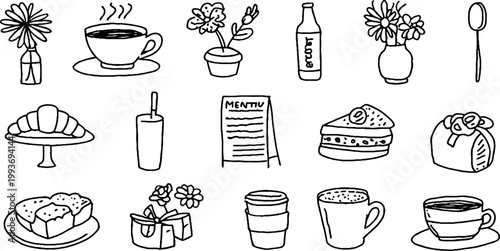 Hand drawn cafe sticker sheet with coffee cups croissant cake flowers and utensils for craft background and printable design