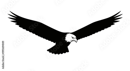 A striking black and white illustration of a bald eagle in full flight with its wings majestically spread wide against a clean white background.