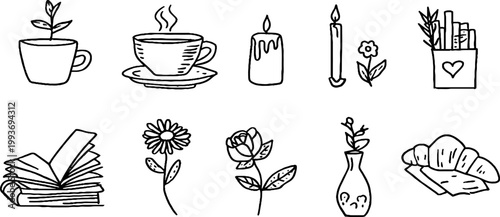 Hand drawn teacup coffee candle book flower vase and croissant sticker sheet for planner journal scrapbook printable elements