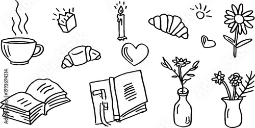 Hand drawn coffee cup croissant book candle flower sun and vase sticker sheet for planner journal scrapbook printable icons