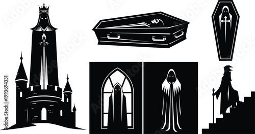 M"Gothic haunted castle silhouettes with coffins, cloaked figures, arched windows, eerie staircase, spooky vampire horror fantasy artwork illustration design"obile