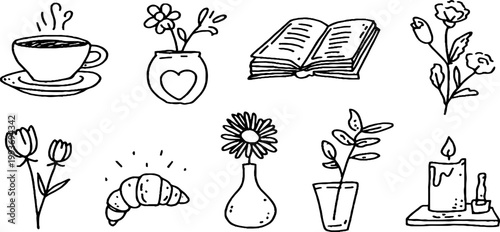 Hand drawn steaming coffee cup flower vase book and croissant sticker sheet for planner pages and craft projects
