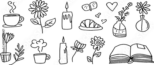 Hand drawn coffee cup flower candle croissant and open book sticker sheet for planner stickers and handmade craft use