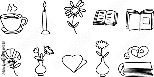 Hand drawn coffee cup candle flower book vase heart and croissant sticker sheet for planner journal scrapbook printable icons