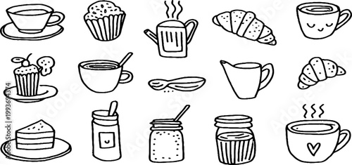 Hand drawn coffee and breakfast sticker sheet with cups teapots mugs croissants muffins jars and pastries for cafe branding labels planner stickers packaging and craft design