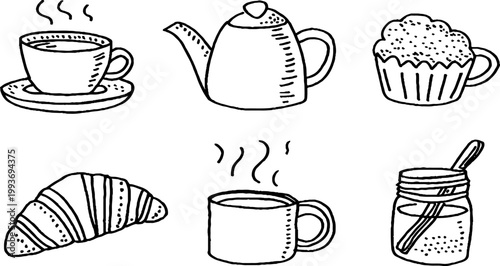 Hand drawn coffee and breakfast sticker sheet with cups teapots mugs croissants muffins jars and pastries for cafe branding labels planner stickers packaging and craft design