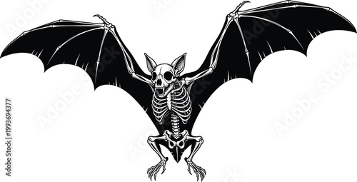 "Skeleton bat silhouette with spread wings, detailed bones in skull and ribcage, gothic spooky Halloween horror fantasy artwork illustration design"Mobile