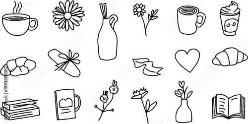 Hand drawn black and white sticker sheet with coffee cups daisy vases small flowers croissant ribbons and open books for planner stickers and craft projects