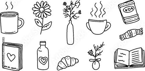 Hand drawn black and white sticker sheet with coffee mug daisy croissant vase ribbon and book icons for planner and craft design and printable decoration