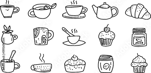 Hand drawn coffee and breakfast sticker sheet with cups teapots mugs croissants muffins jars and pastries for cafe branding labels planner stickers packaging and craft design